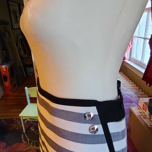 NWTKaren Millen grey&white striped pencil skirt w/black trim& gold button detail